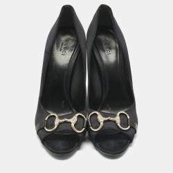 Pre Owned Gucci Black Satin Horsebit Peep Toe Pumps Size 39