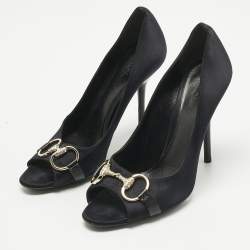 Pre Owned Gucci Black Satin Horsebit Peep Toe Pumps Size 39