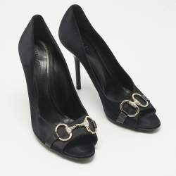 Pre Owned Gucci Black Satin Horsebit Peep Toe Pumps Size 39