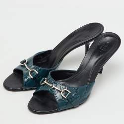 Pre Owned صندل سلايد غوتشي هورسبيت جلد لامع GG أزرق كحلي مقاس 38.5