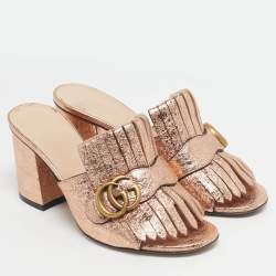 Pre Owned Gucci Metallic Leather GG Marmont Fringe Details Open Toe Sandals Size 37
