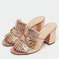 Pre Owned Gucci Metallic Leather GG Marmont Fringe Details Open Toe Sandals Size 37