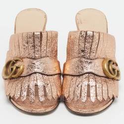 Pre Owned Gucci Metallic Leather GG Marmont Fringe Details Open Toe Sandals Size 37
