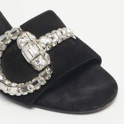 Pre Owned Gucci Black Suede Maxime Crystal Embellished Slide Sandals Size 38