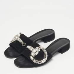 Pre Owned Gucci Black Suede Maxime Crystal Embellished Slide Sandals Size 38