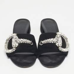 Pre Owned Gucci Black Suede Maxime Crystal Embellished Slide Sandals Size 38