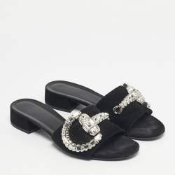 Pre Owned Gucci Black Suede Maxime Crystal Embellished Slide Sandals Size 38