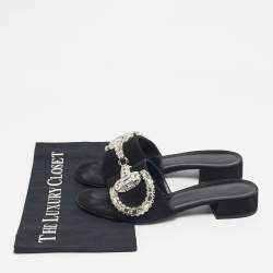 Pre Owned Gucci Black Suede Maxime Crystal Embellished Slide Sandals Size 38
