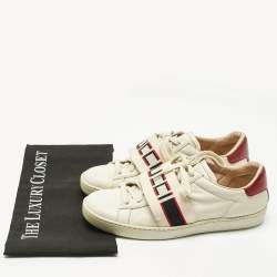 Pre Owned Gucci Cream/Red Leather Ace Stripe Low Top Sneakers Size 37