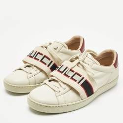 Pre Owned Gucci Cream/Red Leather Ace Stripe Low Top Sneakers Size 37