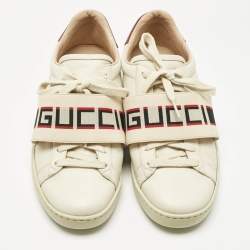 Pre Owned Gucci Cream/Red Leather Ace Stripe Low Top Sneakers Size 37