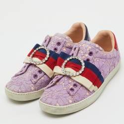 Pre Owned Gucci Purple Lace Crystal Sylvie Web Flower Leaf Ace Slip On Sneakers Size 35.5