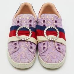 Pre Owned Gucci Purple Lace Crystal Sylvie Web Flower Leaf Ace Slip On Sneakers Size 35.5