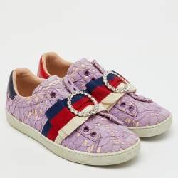 Pre Owned Gucci Purple Lace Crystal Sylvie Web Flower Leaf Ace Slip On Sneakers Size 35.5