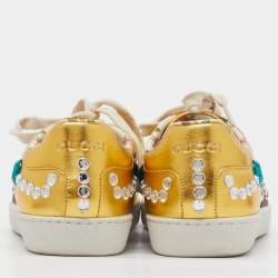 Pre Owned Gucci Metallic Gold Leather Crystal Web Low Top Sneakers Size 35