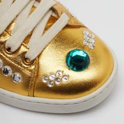 Pre Owned Gucci Metallic Gold Leather Crystal Web Low Top Sneakers Size 35