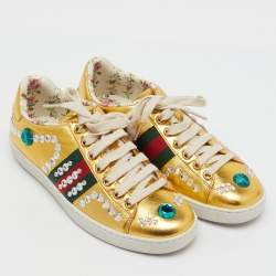 Pre Owned Gucci Metallic Gold Leather Crystal Web Low Top Sneakers Size 35