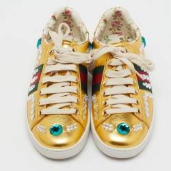 Pre Owned Gucci Metallic Gold Leather Crystal Web Low Top Sneakers Size 35
