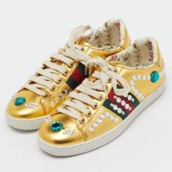 Pre Owned Gucci Metallic Gold Leather Crystal Web Low Top Sneakers Size 35