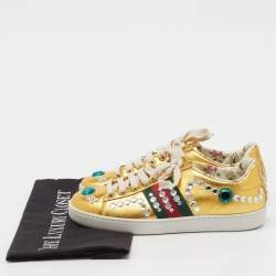 Pre Owned Gucci Metallic Gold Leather Crystal Web Low Top Sneakers Size 35