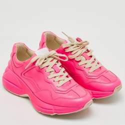 Pre Owned Gucci Neon Pink Leather Rhyton Sneakers Size 37.5