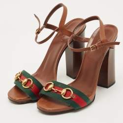 Pre Owned Gucci Brown Leather Horsebit Web Ankle Strap Sandals Size 38.5