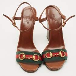 Pre Owned Gucci Brown Leather Horsebit Web Ankle Strap Sandals Size 38.5