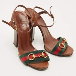 Pre Owned Gucci Brown Leather Horsebit Web Ankle Strap Sandals Size 38.5