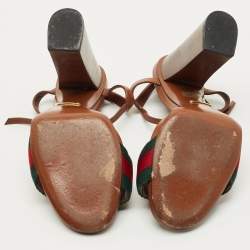 Pre Owned Gucci Brown Leather Horsebit Web Ankle Strap Sandals Size 38.5