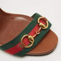 Pre Owned Gucci Brown Leather Horsebit Web Ankle Strap Sandals Size 38.5