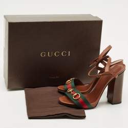 Pre Owned Gucci Brown Leather Horsebit Web Ankle Strap Sandals Size 38.5