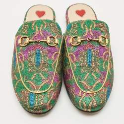 Pre Owned Gucci Multicolor Brocade Fabric Princetown Mules Size 37
