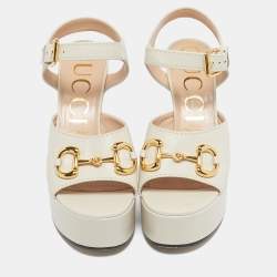 Pre Owned Gucci Off White Leather Horsebit Platform Block Heel Ankle Strap Sandals Size 39.5