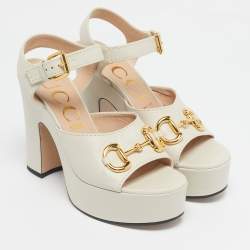 Pre Owned Gucci Off White Leather Horsebit Platform Block Heel Ankle Strap Sandals Size 39.5
