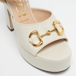 Pre Owned Gucci Off White Leather Horsebit Platform Block Heel Ankle Strap Sandals Size 39.5