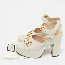 Pre Owned Gucci Off White Leather Horsebit Platform Block Heel Ankle Strap Sandals Size 39.5