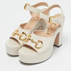 Pre Owned Gucci Off White Leather Horsebit Platform Block Heel Ankle Strap Sandals Size 39.5