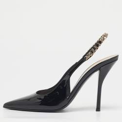 Pre Owned Gucci Black Patent Leather Signoria Chain Link Slingback Pumps Size 40