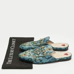 Pre Owned Gucci Metallic Blue Brocade Fabric Princetown Flat Mules Size 39
