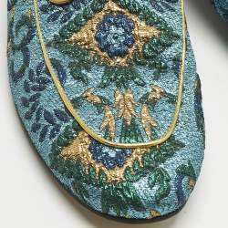 Pre Owned Gucci Metallic Blue Brocade Fabric Princetown Flat Mules Size 39