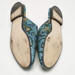 Pre Owned Gucci Metallic Blue Brocade Fabric Princetown Flat Mules Size 39