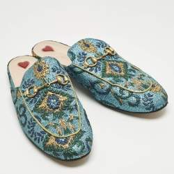 Pre Owned Gucci Metallic Blue Brocade Fabric Princetown Flat Mules Size 39