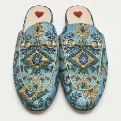 Pre Owned Gucci Metallic Blue Brocade Fabric Princetown Flat Mules Size 39