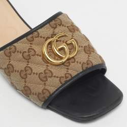 Pre Owned Gucci Beige/Black GG Canvas GG Marmont Flat Slides Size 39