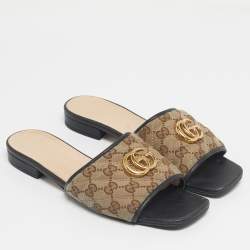 Pre Owned Gucci Beige/Black GG Canvas GG Marmont Flat Slides Size 39