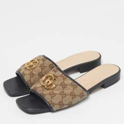 Pre Owned Gucci Beige/Black GG Canvas GG Marmont Flat Slides Size 39