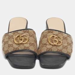 Pre Owned Gucci Beige/Black GG Canvas GG Marmont Flat Slides Size 39