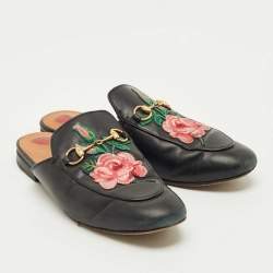 Pre Owned Gucci Black Leather Rose Embroidered Princetown Horsebit Flat Mules Size 39