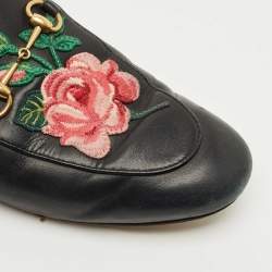 Pre Owned Gucci Black Leather Rose Embroidered Princetown Horsebit Flat Mules Size 39