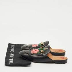 Pre Owned Gucci Black Leather Rose Embroidered Princetown Horsebit Flat Mules Size 39